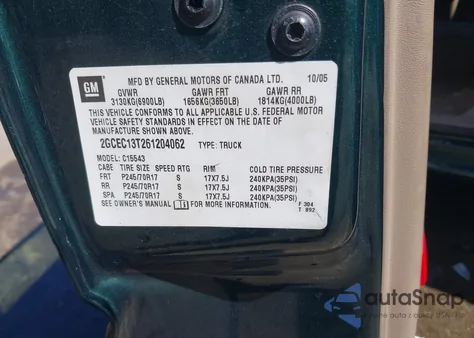 2006 Chevrolet Silverado 1500 Lt1 из США, поврежденный, VIN 2GCEC13T261204062